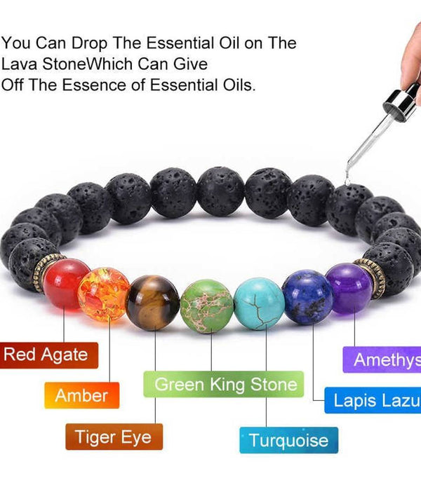 7 Chakra Lava Beads Bracelet Elastic Natural Stones Gemstones Oil Diffuser Yoga Meditation Beads Bracelets for Unisex