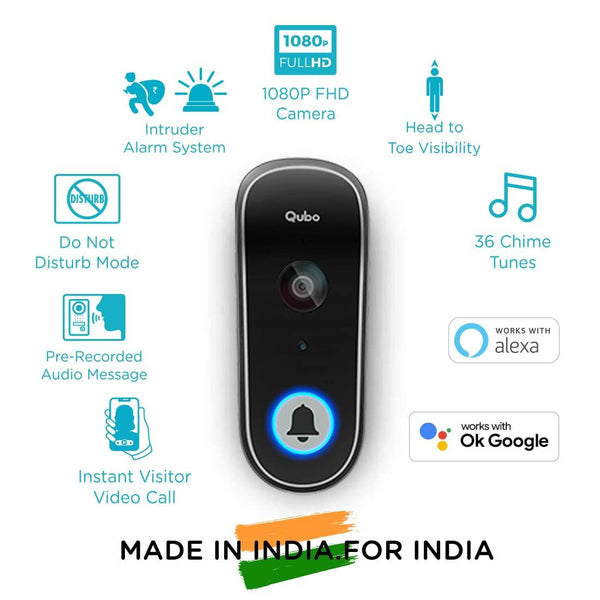 Qubo Smart WiFi Wireless Video Doorbell from Hero Group | Instant Visitor Video Call on Phone | Intruder Alarm System | 1080P FHD Camera | 2-Way Talk | Works with Alexa & Google | 36 Chime Tunes