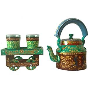 Handpainted Tea Cart Set 1 Kettle With 4 Glass 1 Thela Cart