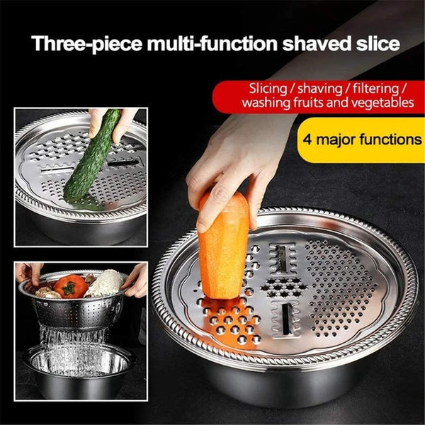 3 In 1 Multi-Purpose Stainless Steel Vegetable Cutter, Drain Basket& Grater