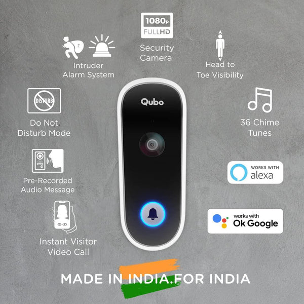 Qubo Smart WiFi Wireless Video Doorbell from Hero Group | Instant Visitor Video Call on Phone | Intruder Alarm System | 1080P FHD Camera | 2-Way Talk | Works with Alexa & Google | 36 Chime Tunes