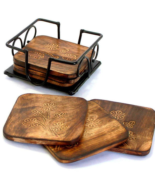 Wooden Coaster Set with Decorative Iron Holder (Square)