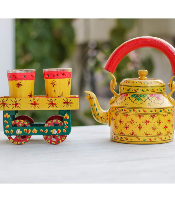 Handpainted Tea Cart Set 1 Kettle With 4 Glass 1 Thela Cart