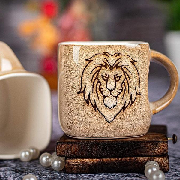 Lion Print Square Shape Tea Cups, Set of 6, 180 ML