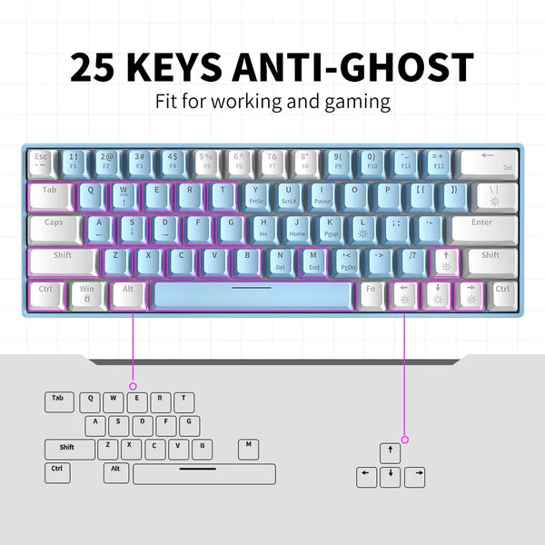 ZIFRIEND T62 Custom Red Switch Hot Swappable 25-key anti-ghosting 60 percent RGB 63 keys White Gaming Mechanical