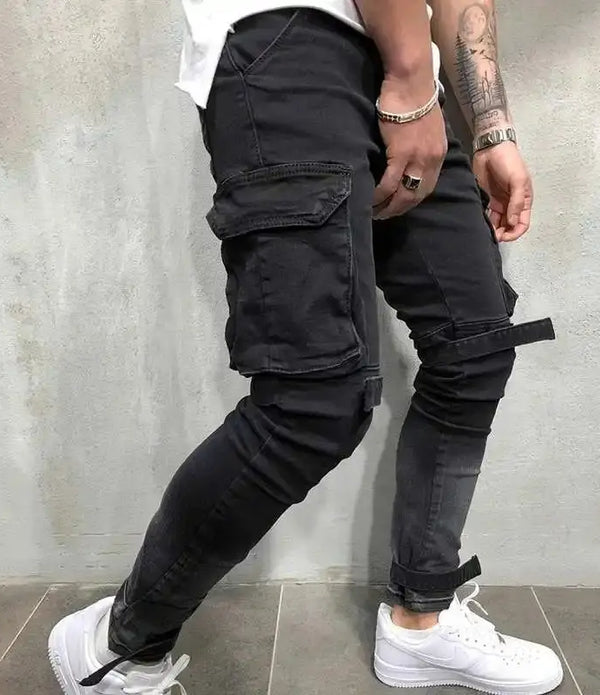 Custom Made Designed Mens Polyester Cotton Elastic Denim Jogging Fashion Mens Skinny Multi-Pocket Jeans