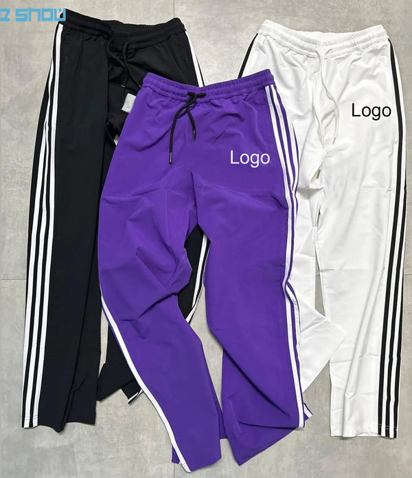 Streetwear Custom Logo 100% Cotton Heavyweight Men Stripe Sweatpants Wide Leg Oversized Baggy Side Flare Sweat Men