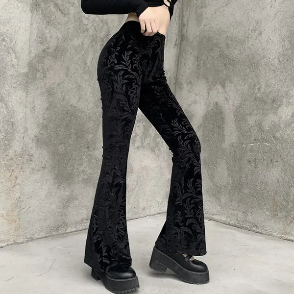 Vintage Gothic Velvet Black Pants Goth Harajuku Bodycon High Waist Trousers Streetwear Punk Flared Women Autumn