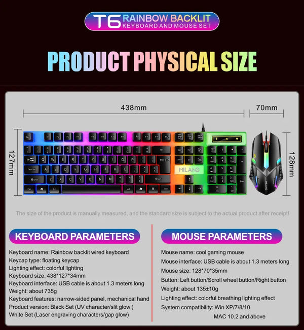 Factory Customized RGB LED Backlight Gaming Mouse Combo Set New custom language Teclado Klavye and Mouse