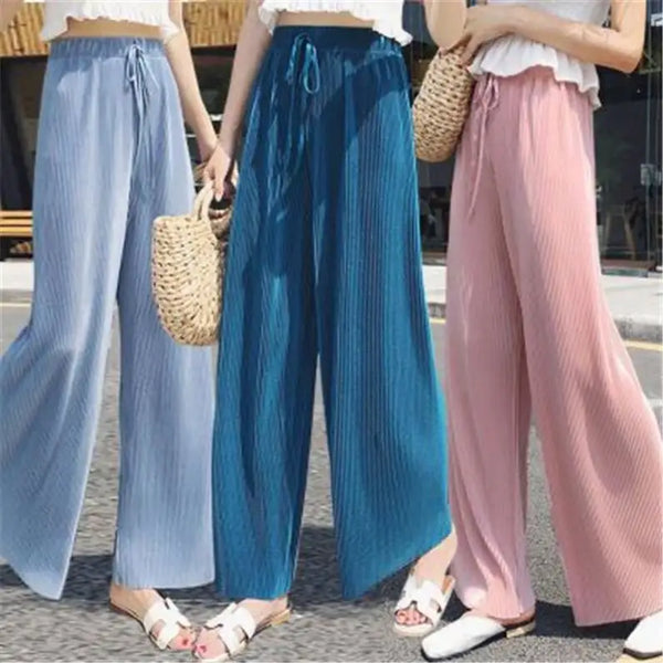 Summer Wide Leg Pants For Women Casual Elastic High Waist 2021 New Fashion Loose Long Pleated Trousers Femme R1816