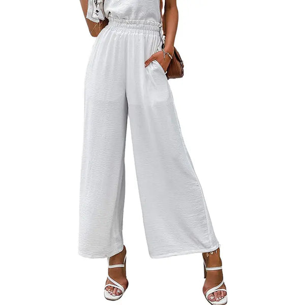 Spring and summer cotton and linen women's solid color elastic high waist loose casual wide leg