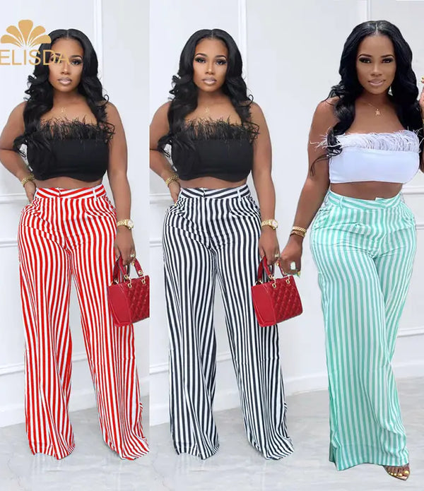 Striped Women Wide Leg Pants Fashion Print High Waist Female Trouser Sexy Streetwear Loose Casual Streetwear Trousers