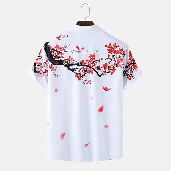 Vintage Style Men Shirts Summer Mens Lapel Ink Painting Plum Blossom Print Button Short Sleeve Shirt for Men Casual Streetwear