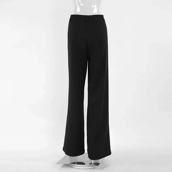 OOTN Autumn Solid Pockets Party Trousers Women 2023 Elegant Office Lady Pleated Long Fashion Black Straight