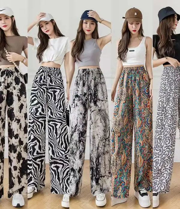 2022 2023 Hot Selling High Waist Loose Lace-up Ink Painting Casual Tie-dye Ice Silk Printed Harem Wide Leg Women