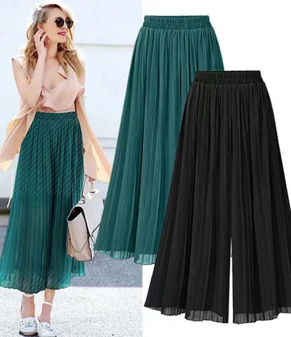 Women Chiffon Pleated Wide Leg Plus Size Pants Elastic Waist Loose Trousers Short Lining Summer Spring Casual Long Ninth