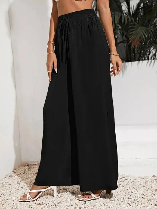 FEIBIA Summer New High Waist Casual Trousers Solid Color Elastic Waist Tie Loose Wide Leg Women