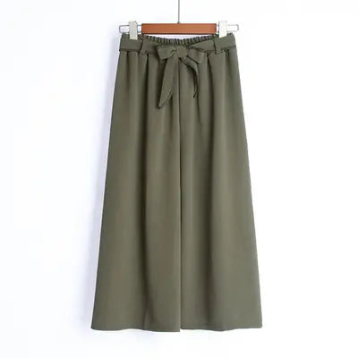 Y308038 Loose Wide Leg Pants Elastic Waist Tie Bow Slacks Wide Leg calf-length