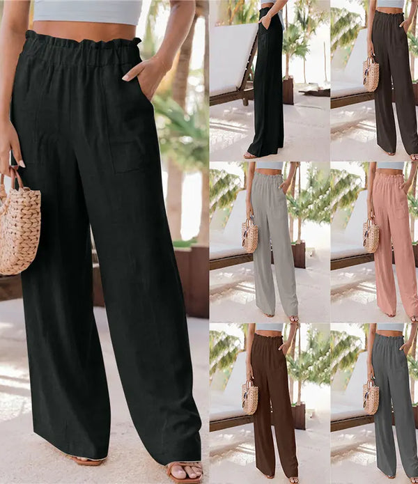 2023 summer new women's casual wide leg pants fashion ruffles pockets high waist women's