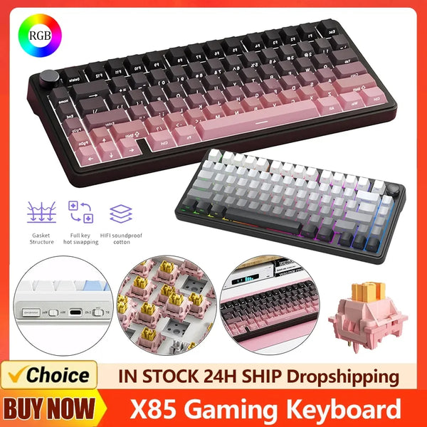 X85 Gaming Keyboard 82 Key RGB Tri-Mode Personalized Keypad Gasket Spring Wireless Gamer PBT Keycap for Computer Laptop