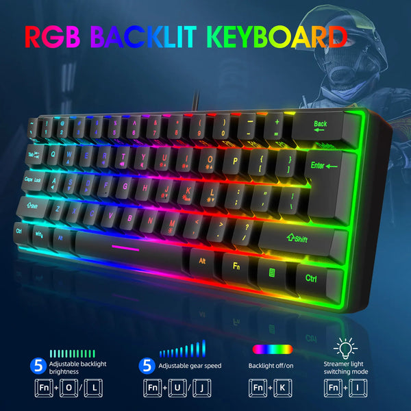 Multiple Color Combinations 61 Keys USB Wired RGB 60% Computer Gaming Small Black