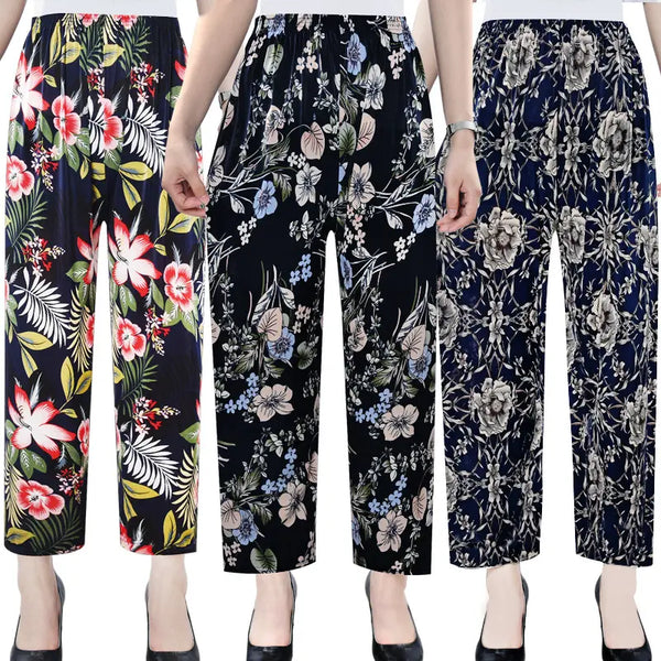 New Women Fashion Long Pants Spring Summer Ice Silk Loose Printed Trousers Elastic Waist Lady Wide Leg Casual