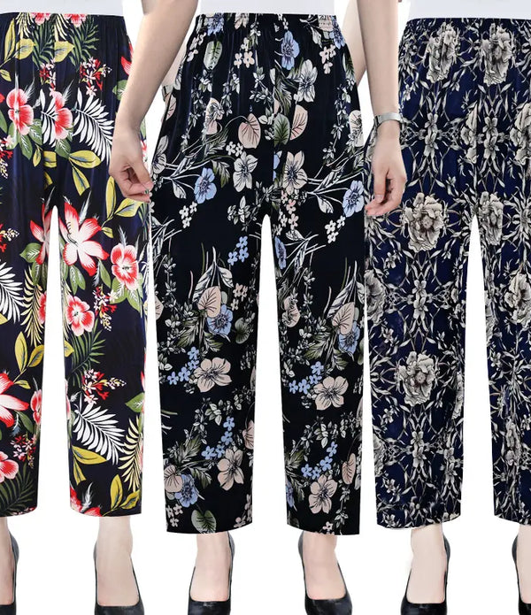 New Women Fashion Long Pants Spring Summer Ice Silk Loose Printed Trousers Elastic Waist Lady Wide Leg Casual