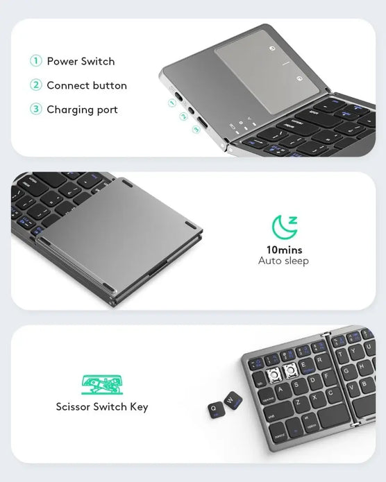 CE FCC RoHs 64 Keys Bluetooth Folding Keyboard with touchpad Portable Wireless Foldable for Laptop Tablet Phone