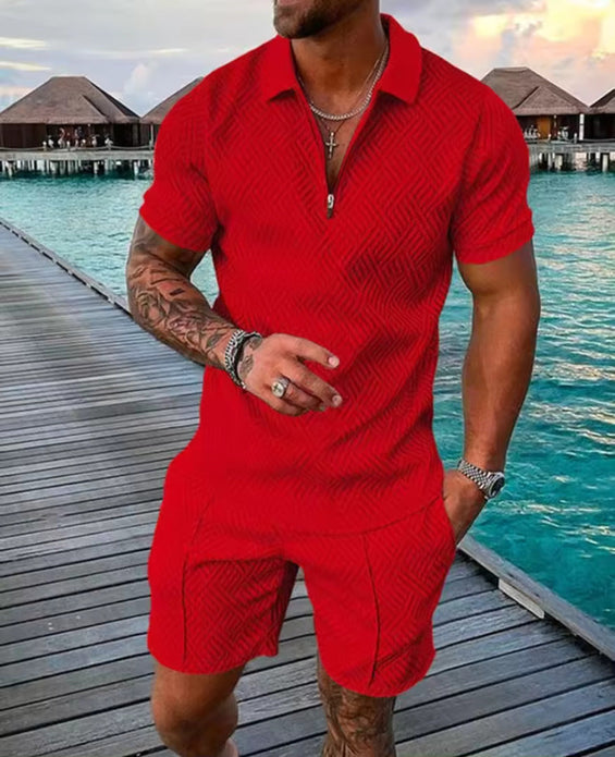 Conyson summer outfit polo zip full set clothes hombre sport wear top and short beach jogger 2 pieces tracksuit men sets