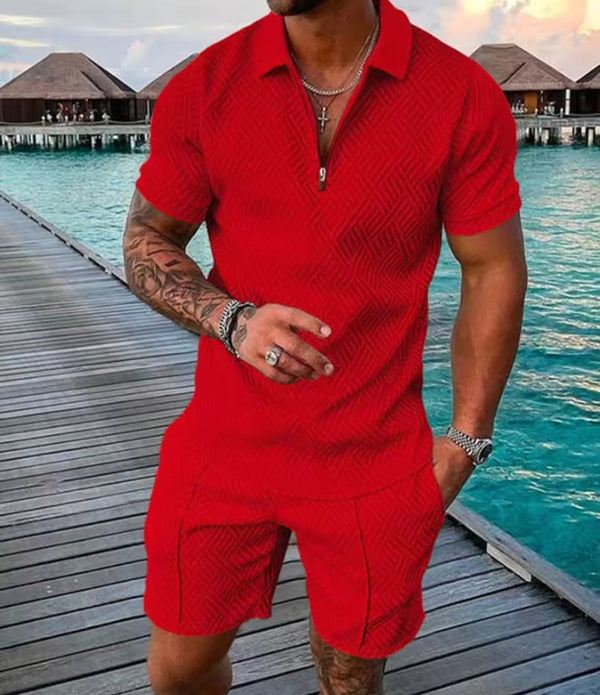 Conyson summer outfit polo zip full set clothes hombre sport wear top and short beach jogger 2 pieces tracksuit men sets