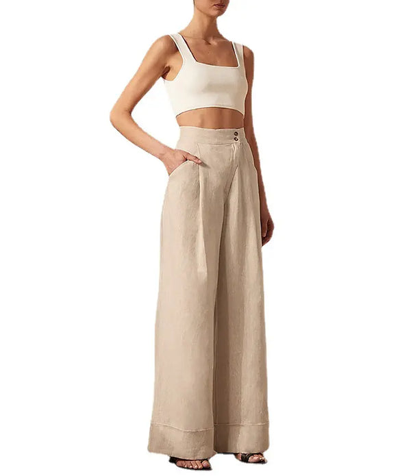 Shinesia 2022 Summer Casual Pants Women's Clothing Khaki Straight Cotton Linen High Waist Loose Knitted WASHED Wide Leg Trousers