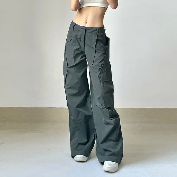 Flare Cargo Pants Women Parachute Pockets Vintage Y2k 90s Streetwear