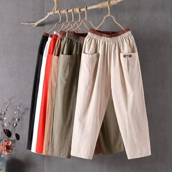 New Factory Supply Women Cotton Ankle Length Big Size Summer Breathable Patched Waist Comfortable Plain Color Capri