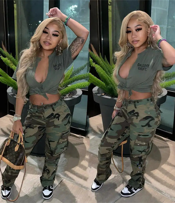 2022 fall fashion baggy multi pockets cargo pants casual patchwork straight camouflage cargo for women