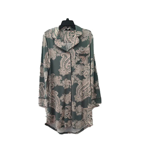 Popular printed white and green lapel long-sleeved women's casual top