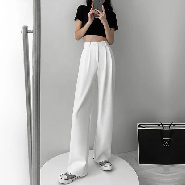 Fashion Casual Solid Color Wide Leg Pants High Waist Drawstring Women