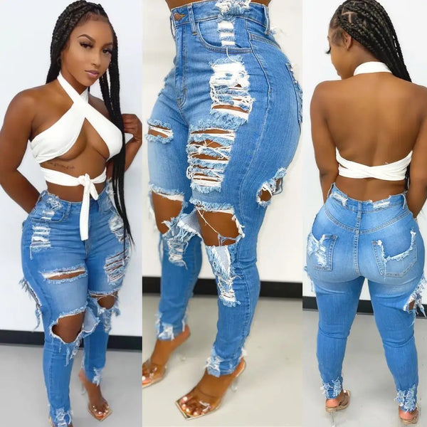 2022 Boutique Lady Trousers Frayed Stretch Pencil Denim Women's Skinny Ripped Jeans