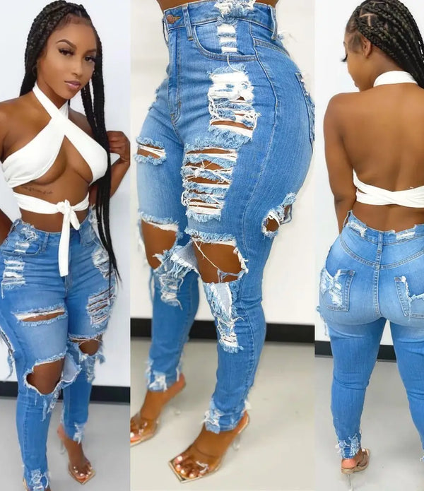 2022 Boutique Lady Trousers Frayed Stretch Pencil Denim Women's Skinny Ripped Jeans