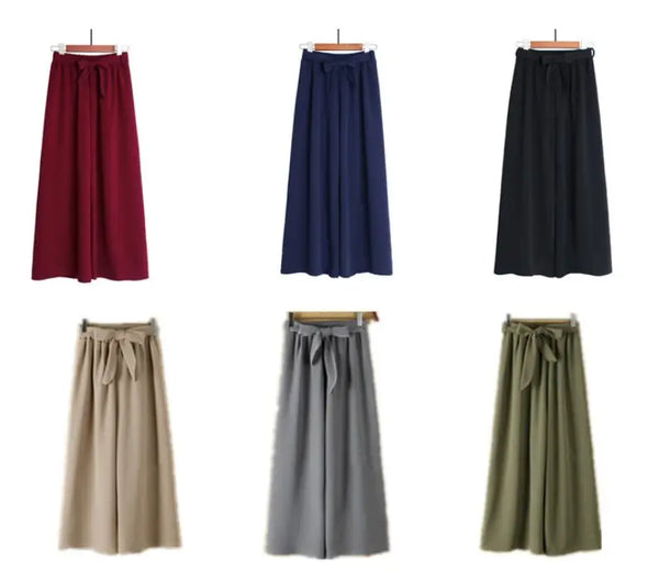 Y308038 Loose Wide Leg Pants Elastic Waist Tie Bow Slacks Wide Leg calf-length