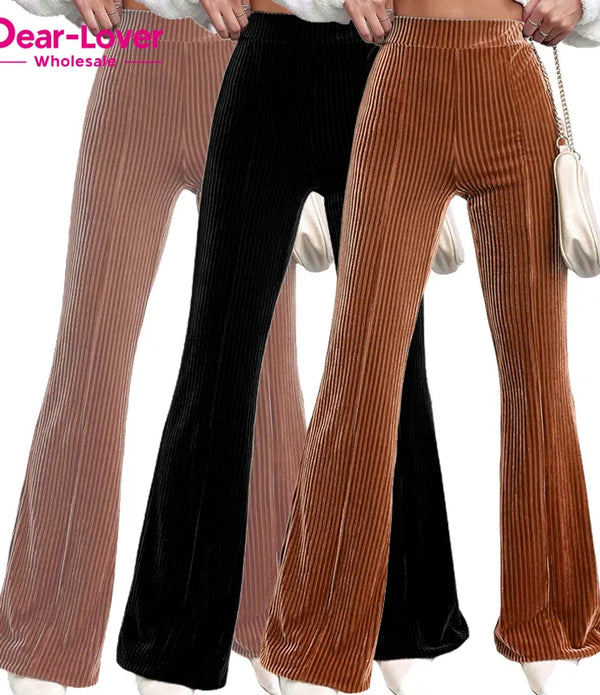 Dear-Lover OEM ODM Custom Private Label Wholesale Plain Solid High Waist Casual Corduroy Flare Women