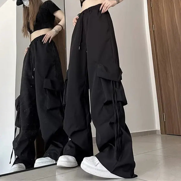 Plus Size Women's Beige Loose Cargo Pants Casual Baggy Wide Leg Sweatpants Hippie Joggers Trousers Drawstring Closure Hip Hop