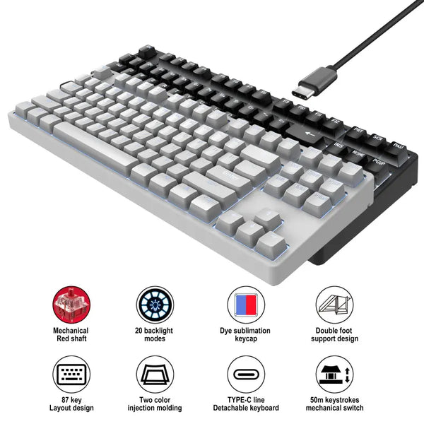 Mechanical Gaming Keyboard Red Switch Hot Swap 87Keys Gaming Type C USB Wired White Backlight Silent Computer