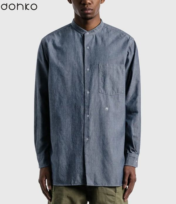 custom denim shirts with Chinese collar small MOQ men long sleeve