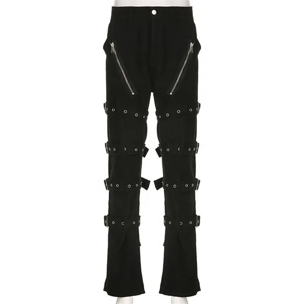 Eyelet Buckle Punk Goth Jeans Y2K Woman Solid E Girl Denim Gothic Straight Trousers