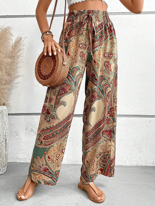 Loveda Hot Selling Women's Printed Trousers Designer Bohemia Wide-Leg Elasticated Palazzo