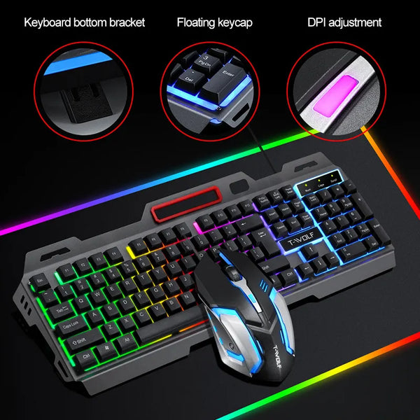 Computer Gamer Backlit RGB led keyboard and mouse USB Wired Gaming Mouse Combos Kits Mechanical Gaming for PC