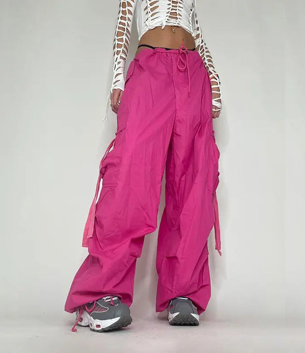 Y2k Style Women Street Wear Low Draw Cord Waist Trousers Baggy Balloon Cargo Parachute Casual Women's