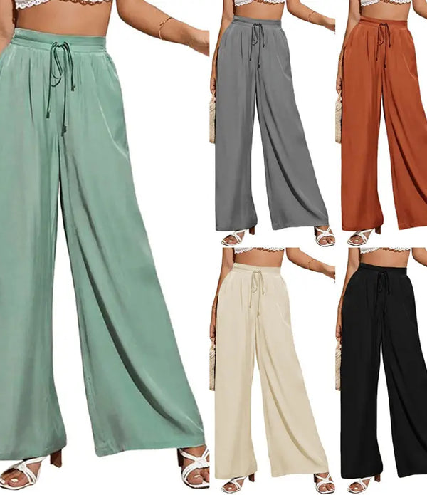 FEIBIA Summer New High Waist Casual Trousers Solid Color Elastic Waist Tie Loose Wide Leg Women