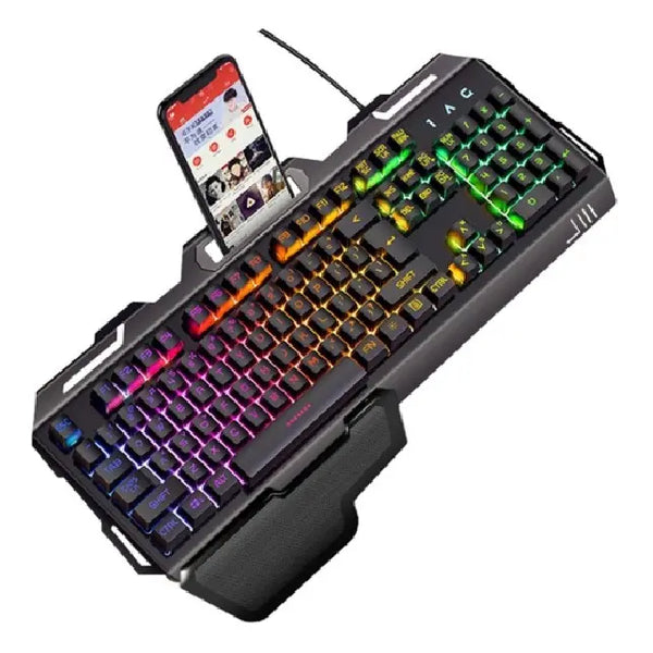 Metal panel V2 waterproof gaming keyboard rainbow backlight portable with exclusive mobile phone holder