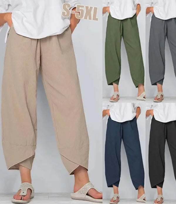 Fashion Women 2022 New Wide-leg Nine-point Pants Loose Casual Cotton and Linen Elastic Waist